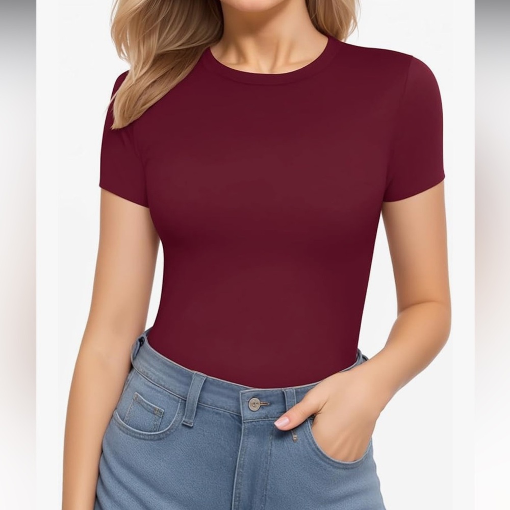 MANGOPOP Women's Round Neck Short Sleeve T Shirts Basic Bodysuits Red Small